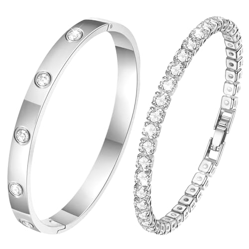 Ahokei Silber Armreif Silber Armband Damen Schmuck, 2PC Titan-Stahl Tennisarmband Armbänder Set 18CM Edelstal Armbänder Damen Armreifen, Geschenk für Sie Frauen Freund Tochter von Ahokei
