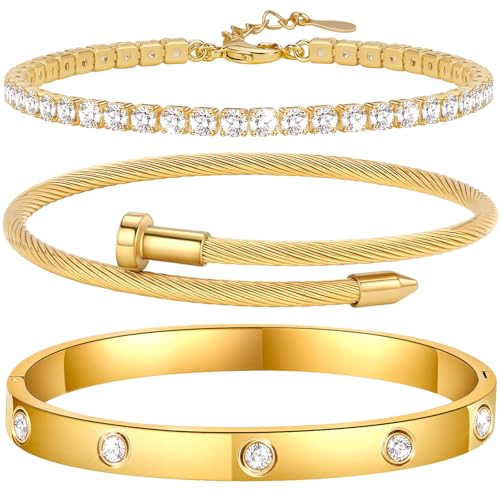 Ahokei 3PC Gold Armband Damen Wasserfest, 18K Edelstahl Armkette Vergoldet Set, Geschenk Valentinstag für Sie, 17+3CM Ahokei 3PC Gold Armband Damen Wasserfest, 18K Edelstahl Armkette Vergoldet Set, Geschenk Valentinstag für Sie, 17+3CM von Ahokei