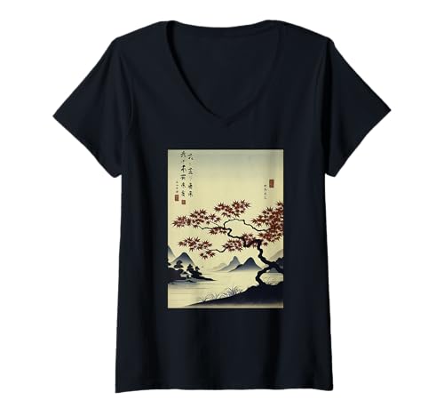 Damen Herbst, Minimalistischer japanischen Ukiyo-e Woodblock T-Shirt mit V-Ausschnitt von Ahornbaum Vintage Japanische Ukiyo-e Kunst