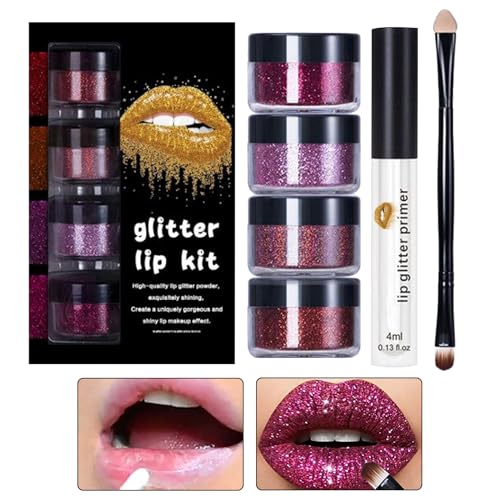 Ahuuen Lippenglitzer,Langhaftendes Glitzer Lippenpuder mit Primer & Pinsel - Langanhaltendes Make-up für Fest Party Hochzeit Frauen von Ahuuen