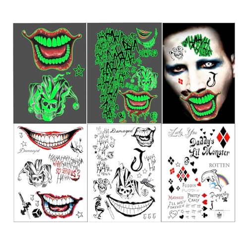 5 Blatt 3D Jo-ker Tattoos,Karneval Tattoo Gesicht,Clown Schminke Set,Jo-ker Make Up, jo-ker kostüm,Tattoo Klebetattoos Erwachsen von AiDeHuaKeJi