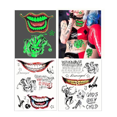 3 Blatt 3D Jo-ker Tattoos,Karneval Tattoo Gesicht,Clown Schminke Set,Jo-ker Make Up, jo-ker kostüm,Tattoo Klebetattoos Erwachsen von AiDeHuaKeJi