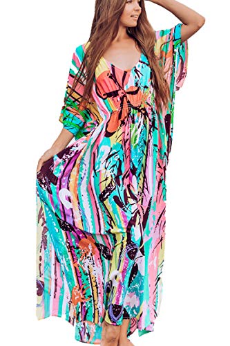 LikeJump Damen Baumwolle Bohemien Kaftan Übergröße Strandkleider Lang Kleid Kimono Badeanzug Cover Ups von LikeJump