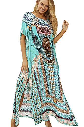 LikeJump Damen Baumwolle Hippie Kaftan Knielang Strandkleid Bikini Cover-up Badeanzug Kleidung von LikeJump