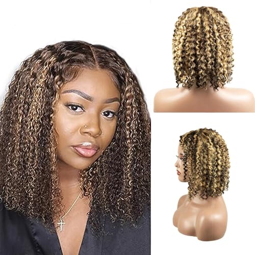 4x4 Lace Front Wig Bob Wig p4/27 Highlight Echthaar Perücke Pre Plucked with Baby Hair Bleached Knot Brazilian Remy Hair Unprocessed Virgin Hair Echthaar Perücke for Women 10 Zoll von AiPliantfis