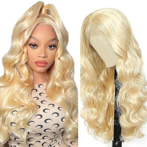 AiPliantfis Body Wave Human Hair Wig 4x4 Echthaar Perücke Damen #613 Blond Glueless Human Hair with Natural Hairline Free Part Bleached Knot Brazilian Remy Hair 22 Zoll von AiPliantfis