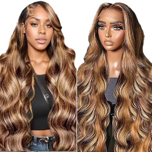 AiPliantfis Body Wave Human Hair Wig Blonde Echthaar Perücke Damen 13X6 Lace Glueless Wig Wear and Go P427 Highlight Pre Plucked 150% Density Unprocessed Brazilian Remy Hair 16 Zoll von AiPliantfis