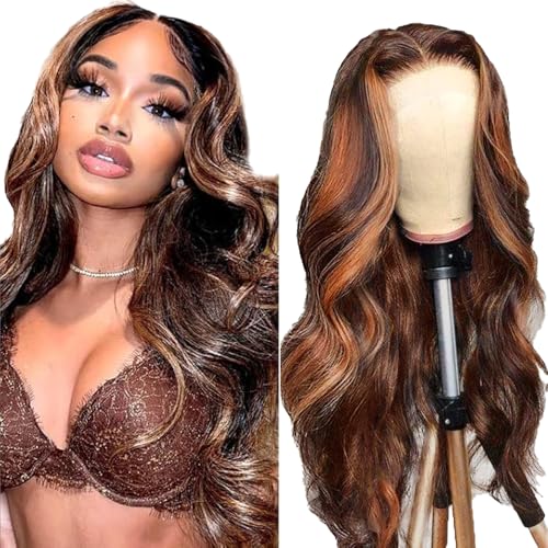 AiPliantfis Body Wave Human Hair Wig Brown Echthaar Perücke Damen 4X1 Lace Glueless Wig Wear and Go P430 Highlight Pre Plucked 150% Density Unprocessed Remy Hair 30 Zoll von AiPliantfis