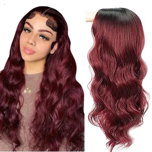 AiPliantfis Body Wave Human Hair Wig Burgundy Echthaar Perücke Damen 4X4 Lace Glueless Wig Wear and Go 1B99J Pre Plucked 150% Density Unprocessed Brazilian Remy Hair 22 Zoll von AiPliantfis