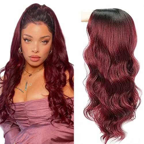 AiPliantfis Body Wave Human Hair Wig Burgundy Echthaar Perücke Damen 4X4 Lace Glueless Wig Wear and Go 1B99J Pre Plucked 150% Density Unprocessed Brazilian Remy Hair 26 Zoll von AiPliantfis