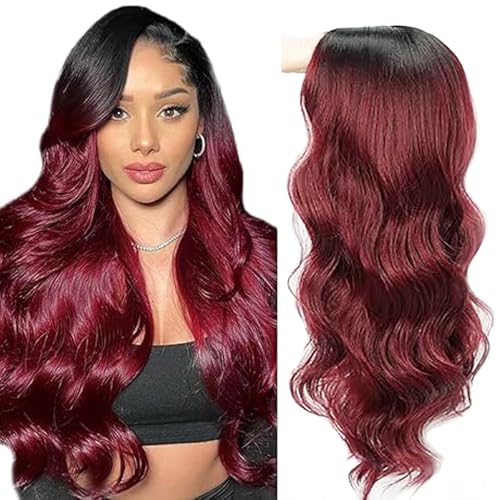 AiPliantfis Body Wave Human Hair Wig Burgundy Echthaar Perücke Damen 4X4 Lace Glueless Wig Wear and Go 1B99J Pre Plucked 150% Density Unprocessed Brazilian Remy Hair 30 Zoll von AiPliantfis