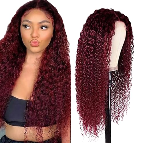 AiPliantfis Burgundy Wig Human Hair Red Wig for Woman Echthaar Perücke Damen Curly Wave Wig Lace Front Wig Brazilian Remy Human Hair Wig Red Unprocessed Hair Wig 24 Zoll von AiPliantfis