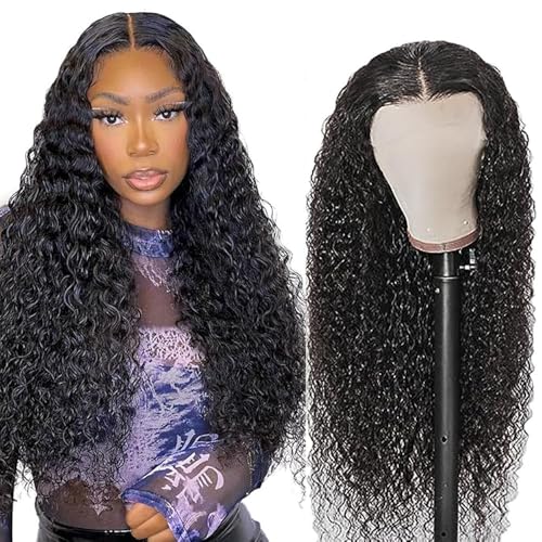 AiPliantfis Curly Wave Human Hair Wig 4x4 Echthaar Perücke Damen Natural Black Glueless Human Hair with Natural Hairline Free Part Bleached Knot Brazilian Remy Hair 22 Zoll von AiPliantfis