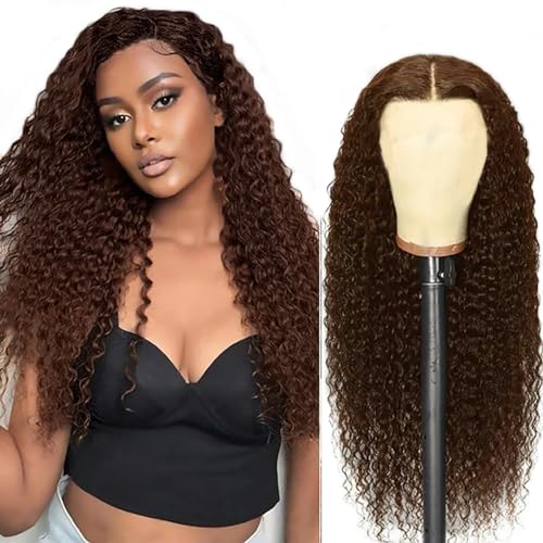 AiPliantfis Curly Wave Human Hair Wig Brown 4x4 Echthaar Perücke Damen #4 Chocolate Glueless Human Hair with Natural Hairline Free Part Bleached Knot Brazilian Remy Hair 32 Zoll von AiPliantfis