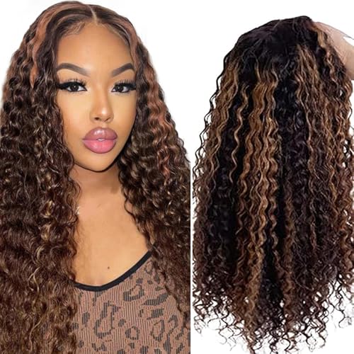 AiPliantfis Curly Wave Human Hair Wig Brown Echthaar Perücke Damen 4X1 Lace Glueless Wig Wear and Go P430 Highlight Pre Plucked 150% Density Unprocessed Remy Hair 26 Zoll von AiPliantfis