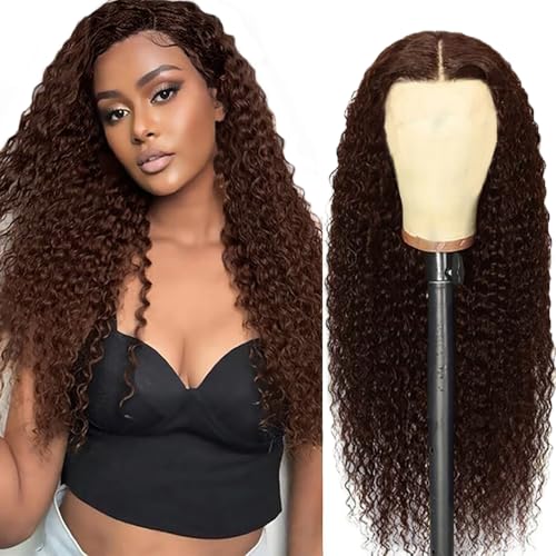 AiPliantfis Curly Wave Human Hair Wig Brown Echthaar Perücke Damen 4X4 Lace Front Glueless Wig Wear and Go #4 Chocolate Real Hair Pre Plucked 150% Density Unprocessed Brazilian Remy Hair 26 Zoll von AiPliantfis