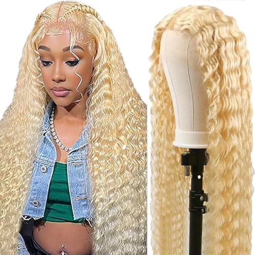 AiPliantfis Curly Wave Human Hair Wig 4x4 Lace Front Blonde Perücke Damen 613 Glueless with Baby Hair Unprocessed Brazilian Remy Transparent Swiss Lace for Woman 24 Zoll von AiPliantfis
