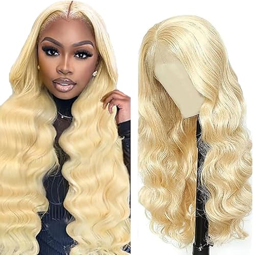 AiPliantfis Echthaar Perücke Damen Glueless Wig Human Hair Wig Body Wave Perücke Damen Echthaar #613 Blonde 4x1 Lace Natural Hairline with Baby Hair Minimal Smell 26 Zoll von AiPliantfis