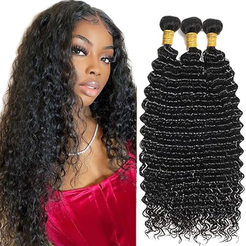 AiPliantfis Deep Wave Human Hair Bundles Echthaar Tressen Menschenhaar Bundles 3 Bundles Long Bundles 100% Unprocessed Virgin Hair Brazilian Remy Human Hair Extensions for Women 24 26 28 Zoll von AiPliantfis