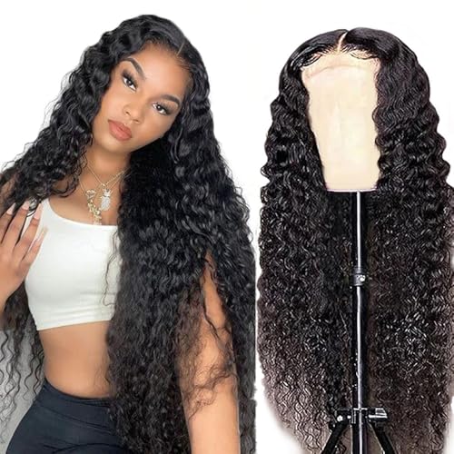 AiPliantfis Deep Wave Human Hair Wig 4x4 Echthaar Perücke Damen Natural Black Glueless Human Hair with Natural Hairline Free Part Bleached Knot Brazilian Remy Hair 20 Zoll von AiPliantfis