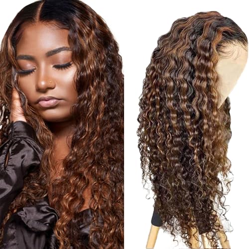 AiPliantfis Deep Wave Human Hair Wig Brown Echthaar Perücke Damen 4X1 Lace Glueless Wig Wear and Go P430 Highlight Pre Plucked 150% Density Unprocessed Remy Hair 20 Zoll von AiPliantfis