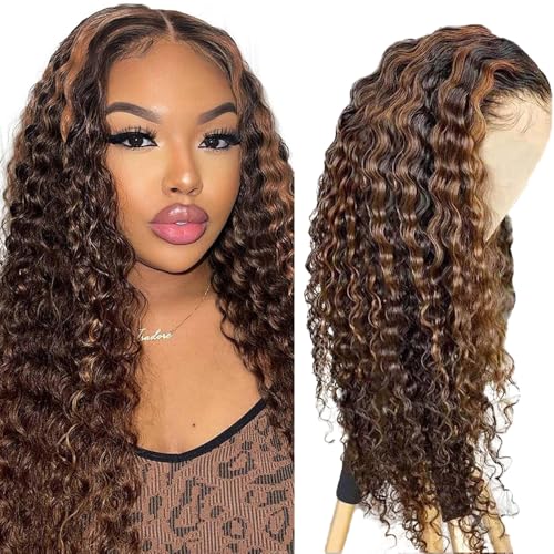 AiPliantfis Deep Wave Human Hair Wig Brown Echthaar Perücke Damen 4X1 Lace Glueless Wig Wear and Go P430 Highlight Pre Plucked 150% Density Unprocessed Remy Hair 24 Zoll von AiPliantfis