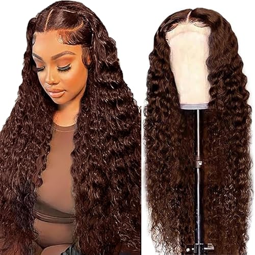 AiPliantfis Deep Wave Human Hair Wig Brown Echthaar Perücke Damen 4X4 Lace Front Glueless Wig Wear and Go #4 Chocolate Real Hair Pre Plucked 150% Density Unprocessed Brazilian Remy Hair 26 Zoll von AiPliantfis