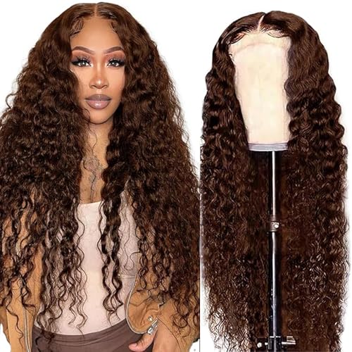 AiPliantfis Deep Wave Human Hair Wig Brown Echthaar Perücke Damen 4X4 Lace Front Glueless Wig Wear and Go #4 Chocolate Real Hair Pre Plucked 150% Density Unprocessed Brazilian Remy Hair 28 Zoll von AiPliantfis