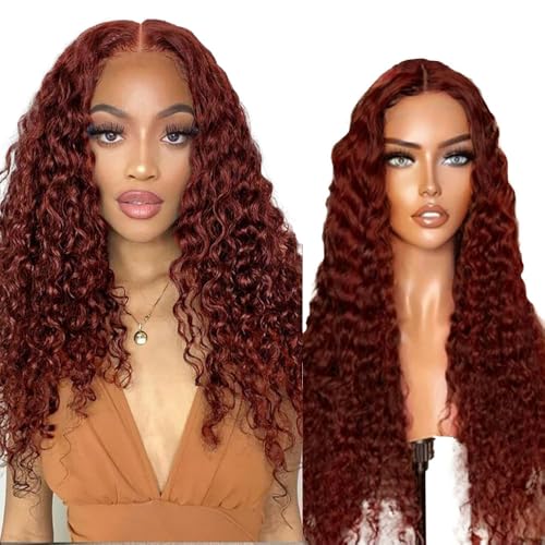 AiPliantfis Glueless Wig Human Hair Wig Echthaar Perücke Damen Deep Wave Perücke Damen Echthaar #33 Reddish Brown 4x1 Lace Natural Hairline with Baby Hair Minimal Smell 24 Zoll von AiPliantfis