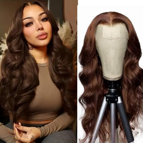 AiPliantfis Echthaar Perücke Damen Glueless Wig Human Hair Wig Body Wave #4 Chocolate Brown 4x1 Lace Natural Hairline with Baby Hair Blenched Knots Minimal Smell Minimal Tangle for Women 14 Zoll von AiPliantfis