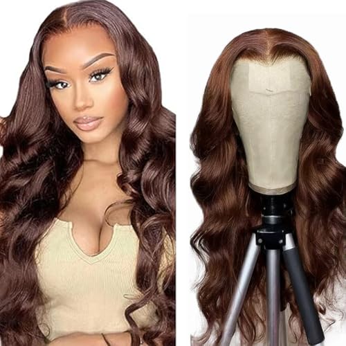 AiPliantfis Echthaar Perücke Damen Glueless Wig Human Hair Wig Body Wave #4 Chocolate Brown 4x1 Lace Natural Hairline with Baby Hair Blenched Knots Minimal Smell Minimal Tangle for Women 24 Zoll von AiPliantfis