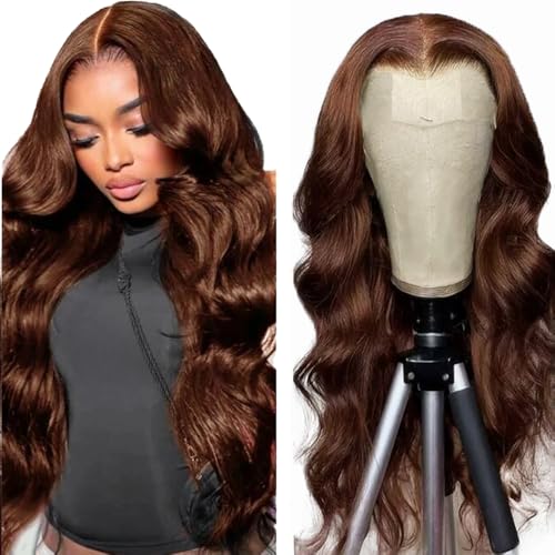 AiPliantfis Echthaar Perücke Damen Glueless Wig Human Hair Wig Body Wave #4 Chocolate Brown 4x1 Lace Natural Hairline with Baby Hair Blenched Knots Minimal Smell Minimal Tangle for Women 26 Zoll von AiPliantfis
