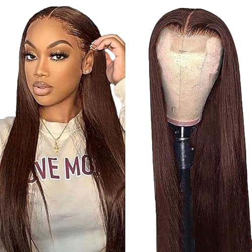 AiPliantfis Echthaar Perücke Damen Glueless Wig Human Hair Wig Straight #4 Chocolate Brown 4x1 Lace Natural Hairline with Baby Hair Blenched Knots Minimal Smell Minimal Tangle for Women 16 Zoll von AiPliantfis