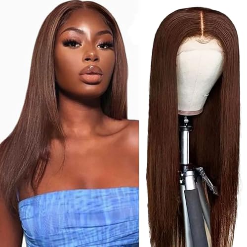 AiPliantfis Echthaar Perücke Damen Glueless Wig Human Hair Wig Straight #4 Chocolate Brown 4x1 Lace Natural Hairline with Baby Hair Blenched Knots Minimal Smell Minimal Tangle for Women 28 Zoll von AiPliantfis