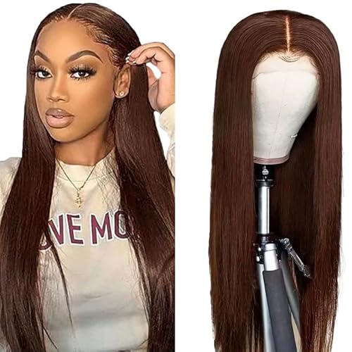 AiPliantfis Echthaar Perücke Damen Glueless Wig Human Hair Wig Straight #4 Chocolate Brown 4x1 Lace Natural Hairline with Baby Hair Blenched Knots Minimal Smell Minimal Tangle for Women 32 Zoll von AiPliantfis