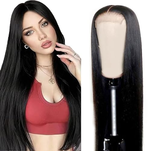 AiPliantfis Echthaar Perücke Damen Glueless Wig Human Hair Wig Straight Perücke Damen Echthaar Natural Black 4x1 Lace Natural Hairline with Baby Hair Minimal Smell 26 Zoll von AiPliantfis