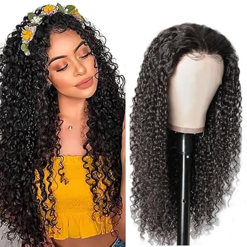 AiPliantfis Echthaar Perücke Damen Human Hair Wig Curly Wave Glueless Wig Perücke Damen Echthaar Natural Black 4x1 Lace Natural Hairline with Baby Hair Minimal Smell 26 Zoll von AiPliantfis