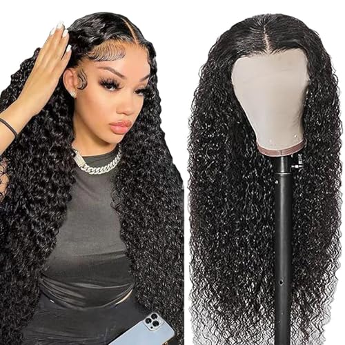 AiPliantfis Echthaar perücke 4x4 Lace Wig Human Hair Wig Curly Wave Wig with Natural Hairline Glueless Wig Wear and Go Lace Closure Wig Perücke Echthaar Damen Schwarz 18 Zoll von AiPliantfis