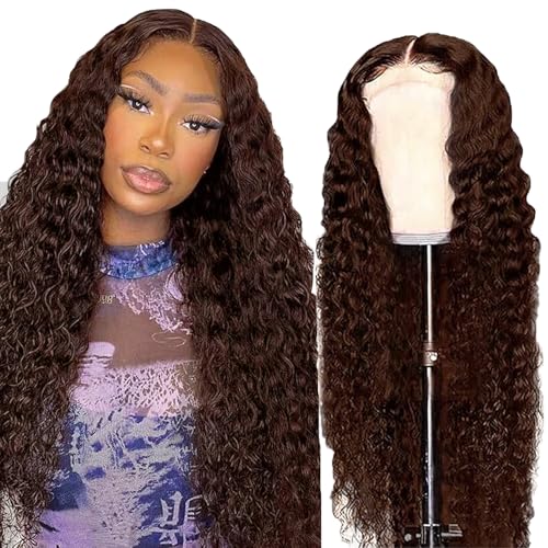 AiPliantfis Glueless Wig Human Hair Wig Echthaar Perücke Damen Deep Wave Perücke Damen Echthaar #4 Chocolate Brown 4x1 Lace Natural Hairline with Baby Hair Minimal Smell 32 Zoll von AiPliantfis