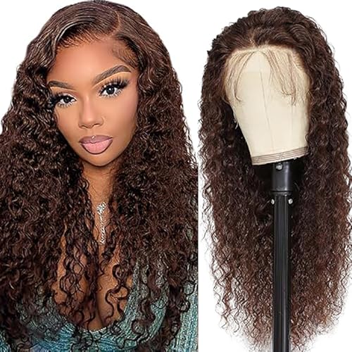 AiPliantfis Glueless Wig Human Hair Wig Echthaar Perücke Damen Water Wave Perücke Damen Echthaar #4 Chocolate Brown 4x1 Lace Natural Hairline with Baby Hair Minimal Smell 32 Zoll von AiPliantfis