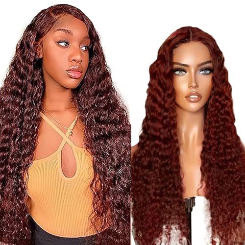AiPliantfis Glueless Wig Human Hair Wig Echthaar Perücke Damen Deep Wave Perücke Damen Echthaar #33 Reddish Brown 4x1 Lace Natural Hairline with Baby Hair Minimal Smell 20 Zoll von AiPliantfis