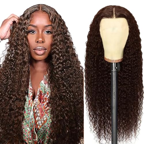 AiPliantfis Human Hair Wig Glueless Wig Wear and Go Echthaar Perücke Damen Curly Wave 4X1 Lace #4 Chocolate Brown Pre Plucked 150% Density Real Unprocessed Remy Hair 34 Zoll von AiPliantfis
