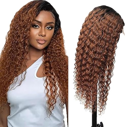 AiPliantfis Human Hair Wig Glueless Wig Wear and Go Echthaar Perücke Damen Curly Wave 4X4 Lace 1B/30 Ombre Brown Pre Plucked 150% Density Real Unprocessed Remy Hair 20 Zoll von AiPliantfis