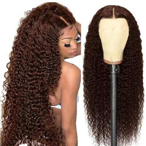 AiPliantfis Human Hair Wig Glueless Wig Wear and Go Echthaar Perücke Damen Curly Wave 4X4 Lace #4 Chocolate Brown Pre Plucked 150% Density Real Unprocessed Remy Hair 26 Zoll von AiPliantfis