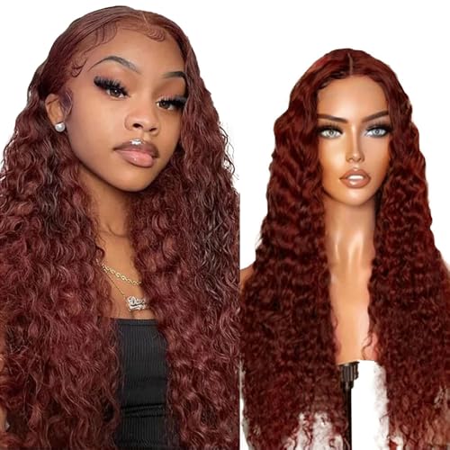 AiPliantfis Glueless Wig Human Hair Wig Echthaar Perücke Damen Deep Wave Perücke Damen Echthaar #33 Reddish Brown 4x1 Lace Natural Hairline with Baby Hair Minimal Smell 22 Zoll von AiPliantfis