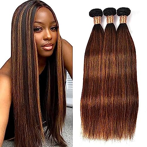 AiPliantfis Straight Hair Extension Brown Human Hair Bundles 3 Bundles Menschenhaar Bundles No Tangle Hair Bundle Extensions P430 Highlight Colour for Black Women 30 32 34 Zoll von AiPliantfis