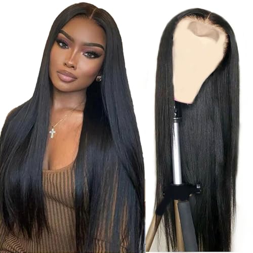 AiPliantfis Straight Human Hair Wig 4x1 Echthaar Perücke Damen Glueless Wear and Go Human Hair with Natural Hairline Free Part Bleached Knot for Women Minimal Smell 26 Zoll von AiPliantfis