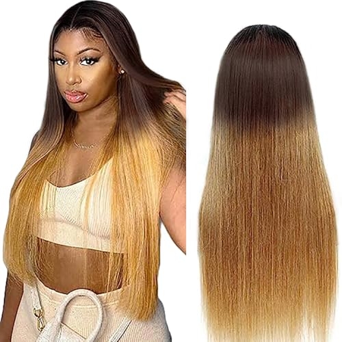 AiPliantfis Straight Human Hair Wig Blonde 4x4 Echthaar Perücke Damen 1B4/27 Ombre Glueless with Natural Hairline Free Part Bleached Knot Brazilian Remy Hair 24 Zoll von AiPliantfis