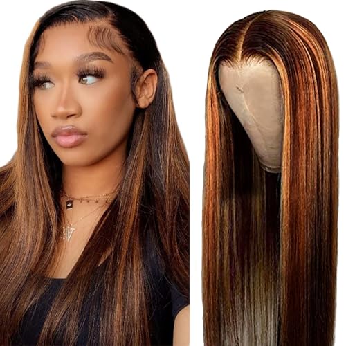 AiPliantfis Straight Human Hair Wig Brown Echthaar Perücke Damen 4X1 Lace Glueless Wig Wear and Go P430 Highlight Pre Plucked 150% Density Unprocessed Remy Hair 20 Zoll von AiPliantfis