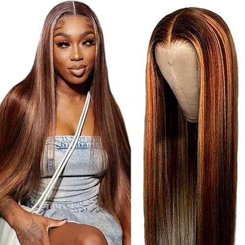 AiPliantfis Straight Human Hair Wig Brown Echthaar Perücke Damen 4X1 Lace Glueless Wig Wear and Go P430 Highlight Pre Plucked 150% Density Unprocessed Remy Hair 30 Zoll von AiPliantfis